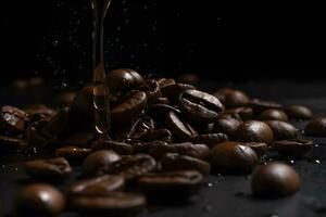 Coffee beans falling into a splash of chocolate on a black background photo