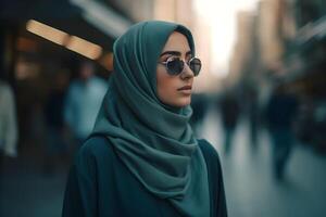 Beautiful muslim woman wearing hijab stands in a city street. photo