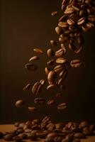 Flying falling coffee beans on brown background photo