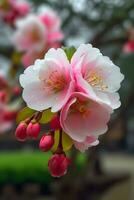 A tree with pink flowers in front of a red building photo