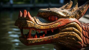 A wooden dragon head of dragon boat photo