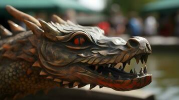 A wooden dragon head of dragon boat photo