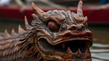 A wooden dragon head of dragon boat photo