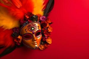 Beautiful carnival mask with feathers on red background with copyspace photo