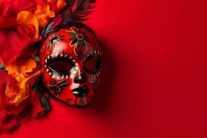 Beautiful carnival mask with feathers on red background with copyspace photo