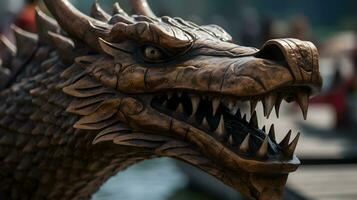 A wooden dragon head of dragon boat photo