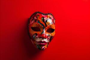 Beautiful carnival mask with feathers on red background with copyspace photo