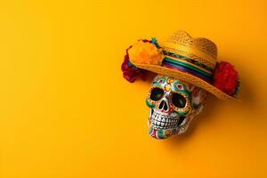 Mexican sugar skull with sombrero and hat on yellow background with copyspace photo