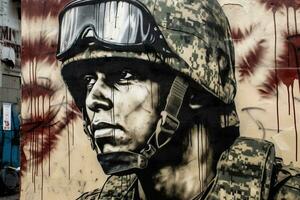 A Street art mural graffiti painting of a soldier with a helmet on the wall photo