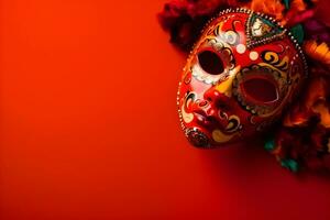 Beautiful carnival mask with feathers on red background with copyspace photo