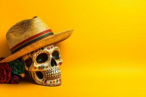 Mexican sugar skull with sombrero and hat on yellow background with copyspace photo