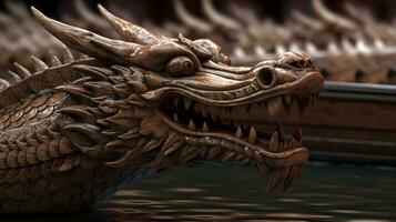 A wooden dragon head of dragon boat photo