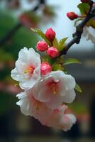 A tree with pink flowers in front of a red building photo