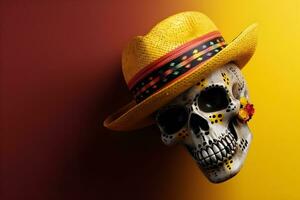 Mexican sugar skull with sombrero and hat on yellow background with copyspace photo