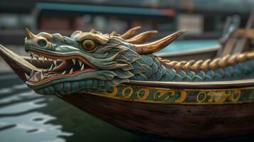 A wooden dragon head of dragon boat photo