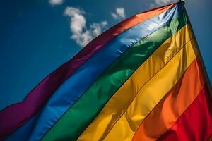 A rainbow flag waving in the wind photo