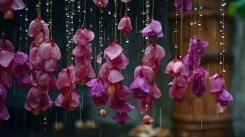 un cerca arriba de un hermosa lavanda bulboso begonia flores con gotas de lluvia foto