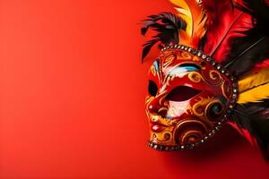 Beautiful carnival mask with feathers on red background with copyspace photo