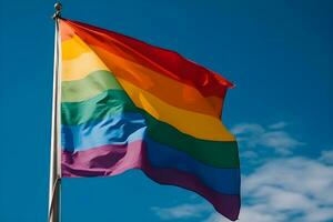 A rainbow flag waving in the wind photo