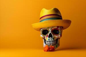 Mexican sugar skull with sombrero and hat on yellow background with copyspace photo