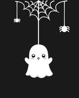 Cute Ghost Hanging on a Spider Web Cartoon, Happy Halloween Spooky Ornaments Decoration Vector illustration