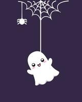 Cute Ghost Hanging on a Spider Web Cartoon, Happy Halloween Spooky Ornaments Decoration Vector illustration