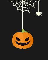 Jack O Lantern Evil Pumpkin Hanging on a Spider Web, Happy Halloween Spooky Ornaments Decoration Vector illustration