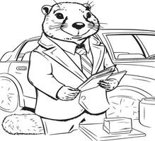 un castor trabajando como un vendedor a un coche colorante página vector
