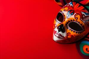 Beautiful carnival mask with feathers on red background with copyspace photo