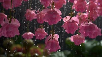 un cerca arriba de un hermosa lavanda bulboso begonia flores con gotas de lluvia foto