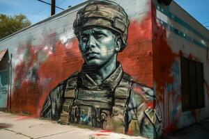 A Street art mural graffiti painting of a soldier with a helmet on the wall photo