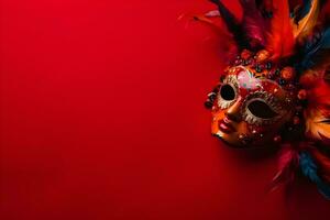 Beautiful carnival mask with feathers on red background with copyspace photo