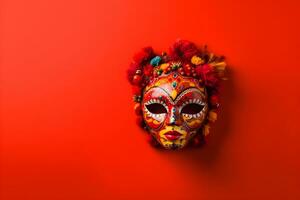 Beautiful carnival mask with feathers on red background with copyspace photo