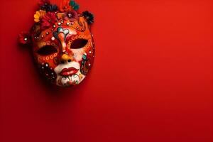 Beautiful carnival mask with feathers on red background with copyspace photo