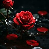 A Red Rose Flower With Water Drop In Dark Theme Generative Ai photo