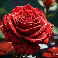 A Red Rose Flower With Water Drop In Dark Theme Generative Ai photo