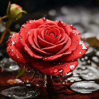 A Red Rose Flower With Water Drop In Dark Theme Generative Ai photo