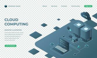 Cloud computing isometric landing page. Cloud storage server. Cloud computing online database technology. Vector illustration