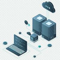 Computer technology isometric illustration. Computation of big data center. Cloud computing. Online devices upload and download information. Modern 3d isometric vector illustration