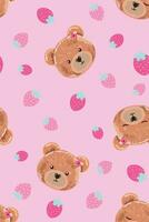 Delicate and beautiful illustration of bears in a childish style with randomly scattered strawberries. Art for printing on fabrics, wallpapers and decoration. vector