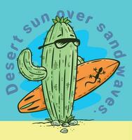 Handmade vector illustration of cactus with sunglasses and surfboard. Artwork in cartoon style with lettering composition. Design for printing on t-shirts, posters and etc.