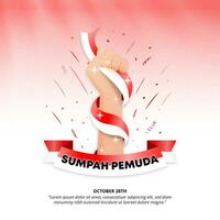 Square Hari Sumpah Pemuda or Youth Pledge Day background with a hand and flag vector