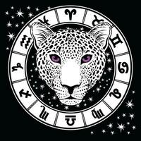 Design for a leopard head t-shirt with signs of the zodiac. Vector illustration on esoteric themes.