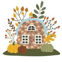 House with trees. Autumn season. Vector illustration in flat cartoon style.