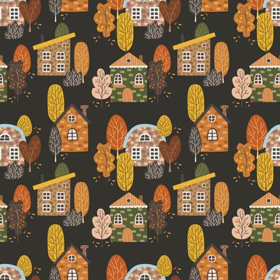 Seamless Scandinavian city. Endless background with cute houses, trees. Autumn season. Colorful flat vector Seamless pattern. Vector illustration in flat cartoon style.