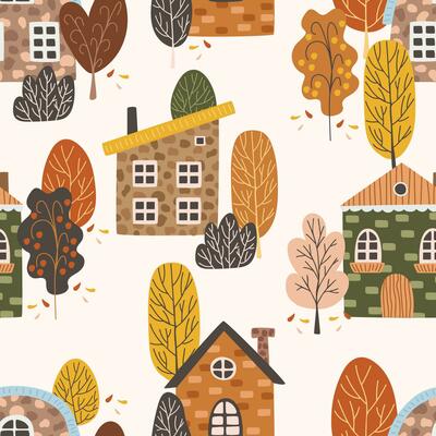 Seamless Scandinavian city. Endless background with cute houses, trees. Autumn season. Colorful flat vector Seamless pattern. Vector illustration in flat cartoon style.