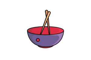 Red Chinese Bowl with Chopsticks illustration. Food and drink objects icon concept. Restaurant food bowl and sticks design. png