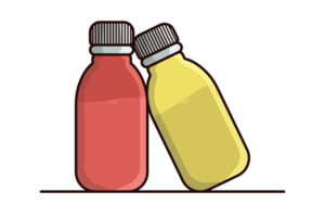 Two Cough Syrup Bottles illustration. Health and medical object icon concept. Cough bottle with herbal cough remedy, herbal medicine. Treatment of flu, illness, disease. png