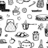 Food for cozy mood, teapots, mugs, home bakery, tangerines, honey, jam. Winter time ornament in sketch style. Hand drawn vector seamless pattern.