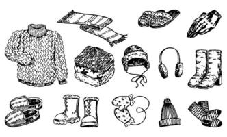 Set of winter time attributes. Doodles of warm clothes, shoes, hats, gloves, accessories. Hand drawn vector illustrations. Outline clip arts collection isolated on white.